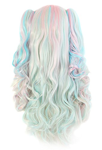 MapofBeauty Multi-color Lolita Long Curly Clip on Ponytails Cosplay Wig (Pink/ Blue/ Blonde)