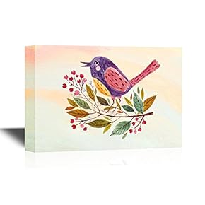 Canvas Wall Art - Hand Painted Adorable Bird Sitting on a Branch - Gallery Wrap Modern Home Art | Ready to Hang - 12x18 inches