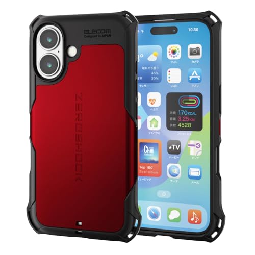 エレコム iPhone 16 ケース 耐衝撃 衝撃吸収 ZEROSHOCK [フィルム付き] ハニカム構造 4つ角ダンパー ストラップホール付き ワイヤレス充電対応 レッド PM-A24AZERORD