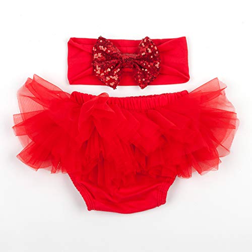 Slowera Baby Girls 2PCS Sets Cotton Tulle Sequins Diaper Cover Bloomers and Headband (Red, M: 6-12 Months) - Thumbnail 2