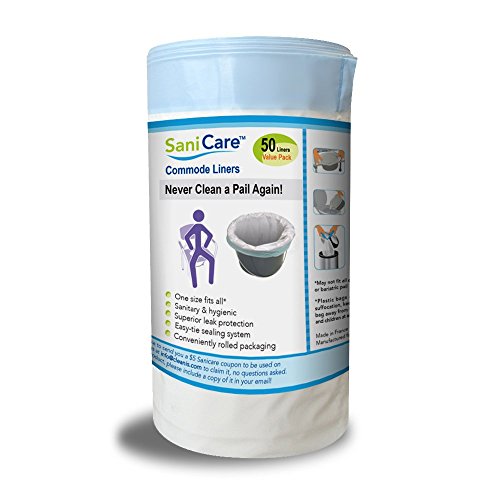SaniCare Commode Liners - Value Pack - 50 Disposable Bedside Commode Liners - Adult Commode Chair Liners - Universal Commode Pail Liners