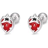 20g Tiny Strawberry Stud Earrings 925 Sterling Silver Hypoallergenic Small Ball Cartilage Earring for Women Enamel Flat Fruit Screw Back Tragus Post Dainty Cute Birthday Holiday Jewelry Gifts Daughter
