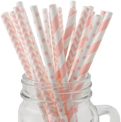 SSORA Disposable Paper Drinking Straws Biodegradable Pink Chevron Striped Polka Dot Pack of 150 for Party Wedding Celebrations Decorations Supplies