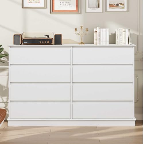 Photo 1 of GAOMON White 8 Drawer Dresser for Bedroom, Wide Wooden Chest of Drawers with Wide Top for Closet, Hallway, and Living Room Use