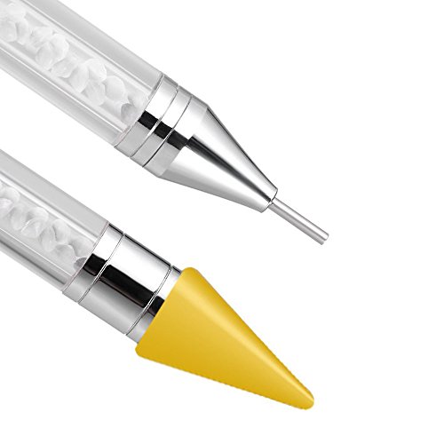 1 Pc Senior Double-head Wax ended Nail Rhinestone Picker Dotting Pen Acrylic Handle Gem Pick Up Applicator Tool Self-Adhesive Dot Head Tips Nail Art DIY Decoration Tool with Travel case (Yellow) - Thumbnail 2