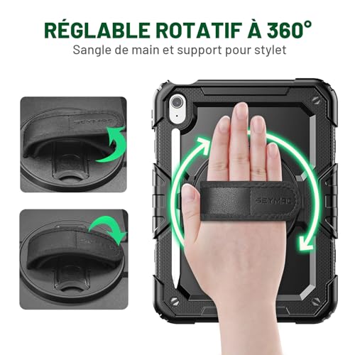 SEYMAC Case for iPad (A16) 11th/10th Generation 2025/2022 11/10.9 Inch, iPad 10th Generation Case, Shockproof Case with Screen Protector, 360 Rotating Stand, Pencil Holder, Shoulder Strap, Black