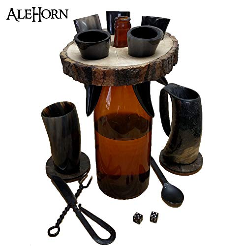 Alehorn Handcrafted Genuine Viking Wine/Mead Drinking Horn 50 ML Toasting Horn Shot Glasses Set of 5 w/Rustic Custom Wooden Holder Tray Rack Display Stand Decor