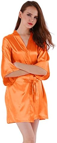 Vogue Forefront Women's Satin Plain Short Kimono Robe Bathrobe, Large, Orange