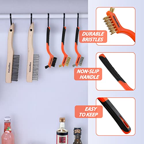 ValueMax Wire Brush Set 8Pcs Stainless Steel/Brass/Nylon Bristles with Curved Handle Grip, Heavy Duty Stainless Steel Wire Scratch Brush with Beechwood Handle for Rust, Dirt and Paint Cleaning