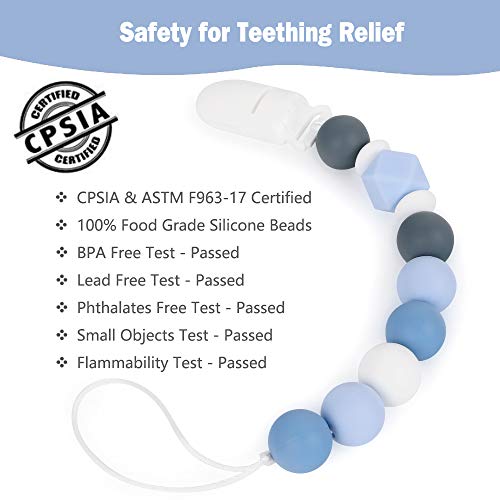 Baby Pacifier Clip, MCGMITT Silicone Teether Beads Binky Holder Teething Relief BPA Free for Girls Boys, 2 Pack Shower Gift Set (Turquoise+Blue)
