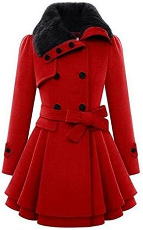 WANabcMAN Women's Fashion Faux Fur Lapel Double-breasted Thick Wool Trench Coat Jacket Red3XL/BUST 43.5