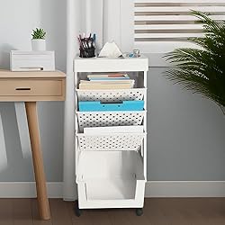 5 Tier Mobile Bookshelf Rolling Book Rack with