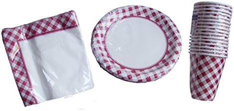Classic Red and White Checkered Gingham Dessert Plates Napkins and Cups 46 Piece Set (Serves 15)