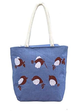 AGGDA Women Waterproof Jute with Birds Printed Tote Shoulder Bag Handbag Eco-Friendly with Zip with Inner Pocket 