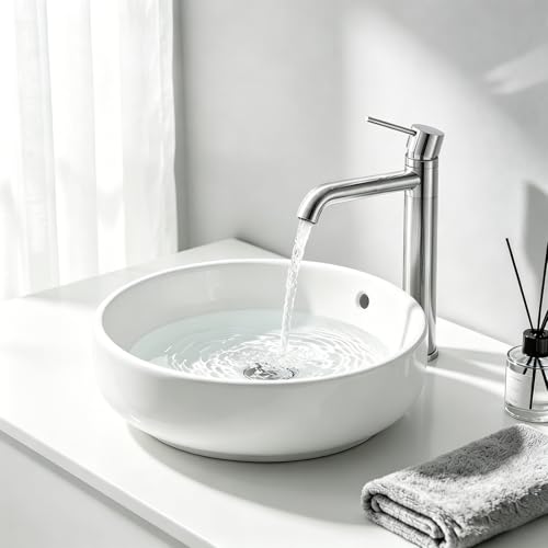 DETBOM 360° Swivel High Basin Tap, Single Lever Hot and Cold Water, Bathroom Mixer Tap in 304 Stainless Steel, Removable Aerator, Brushed Silver