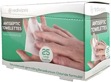 25 Large Antiseptic Wipes Individually Packaged Towelettes BZK Benzalkonium Chloride (Non Alcohol) with Dispenser Box great for first aid cabinets