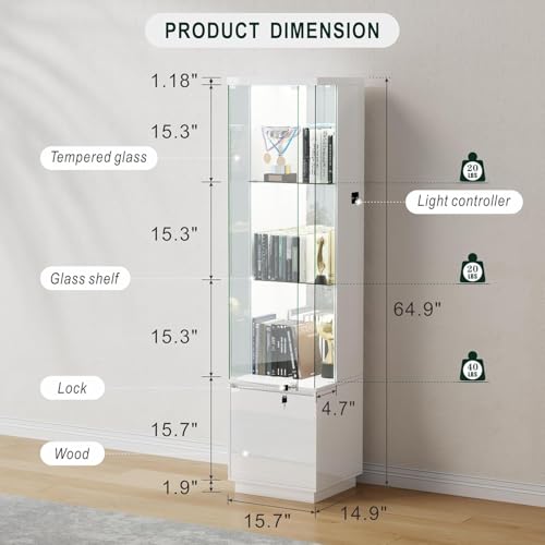 Lockable Curio Display Cabinet with Glass Door, 165cm Lighted Curio Cabinet with 3 Color Lights for Collectibles, 3-Tier Glass Display Case with Human Body Sensor for Living Room, White