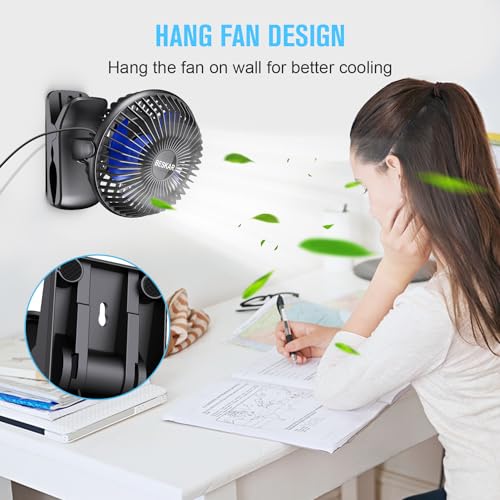 BESKAR USB Powered Clip on Fan, Portable Small Fan with Cord, 3 Speeds Strong Airflow, Personal Fan with Sturdy Clamp, Quiet Desk Fan & Clip Fan