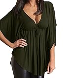 ZANZEA Sexy Women Loose V-neck Batwing Short Sleeve Tops Blouse Shirts Army Green 16