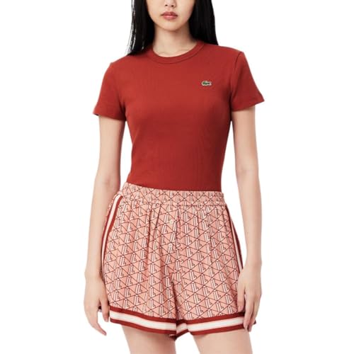 Lacoste Womens Crew Neck Short Sleeve Slim Fit Ribbed T-Shirt, Iberis Red, 0