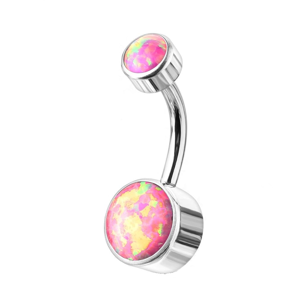 PiercedOff Titanium Belly Bar with Round Pink Synthetic Opal - Thickness 14GA (1.6mm) / Length 10mm / Top Ball Size 4mm and Lower Ball 6mm