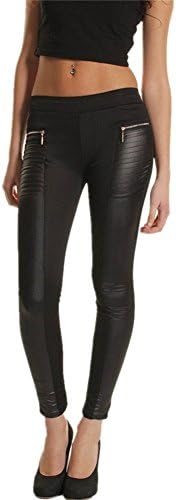 YOLLLmart Womens Faux Leather Joint Cropped Leggings Skinny Pants