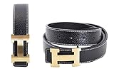 Women's H Reversible Leather Belt With Removable Buckle Black w Gold Buckle