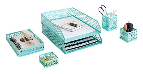 Blu Monaco Office Desk Organizers and Accessories 6 Piece Interlocking Aqua Desk Organizer Set - Office Organizer - Thumbnail 7