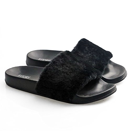 FITORY Women Slippers,Faux Fur Slide Slip On Flats Sandals With Arch Support Open Toe Soft Girls Ind