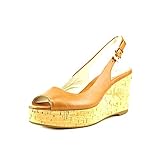 MICHAEL Michael Kors Natalia Leather Peep-Toe Wedge Sandals, Luggage, Size 7.0