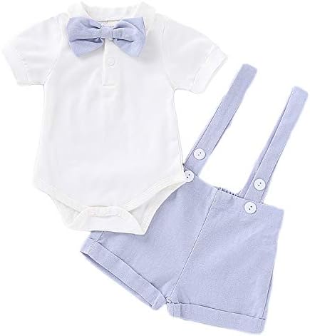 MLCHNCO Baby Boys Formal Suit Gentleman Bowtie Short Sleeve Romper + Linen Shorts Suspender Tuxedo Outfit