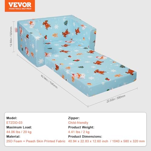 Silla de Bebé Plegable 2 en 1, Sofá Cama para Niños Pequeños, Sofá de Espuma Suave y Cómodo, Tumbona Convertible para Bebé, Asiento de Silla con Dibujos Animados, Azul, 1040 x 580 x 320 mm