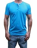 Henley Mens  Short Sleeve TShirt with 3 Buttons, Aqua Heather, Large