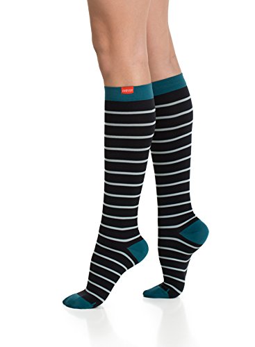 VIM & VIGR Women's 15-20 mmHg Compression Socks: Nautical Stripes - Mint, Black, Turquoise (Nylon) (Small)
