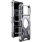 HUHUCASE Magnetic Holder Metal Phone Case for iPhone 13 14 15 16 17 Pro Max Plus Hollow Luxury Aluminum Alloy Phone Protective Case (Silver,iphone16promax)