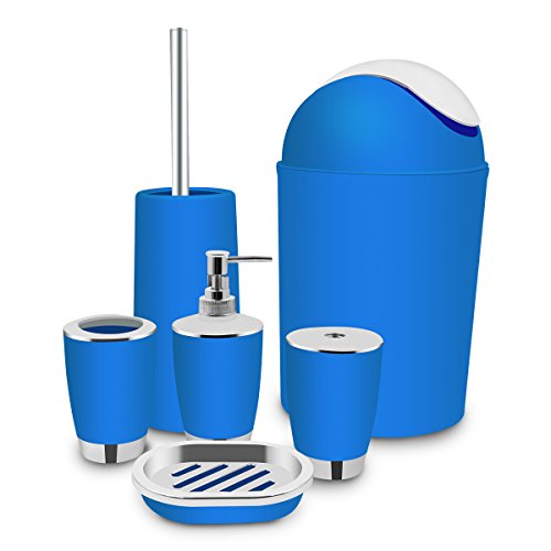 TEKITSFUN 6 Piece Plastic Bathroom Accessory Set, Luxury Bath Accessory Gift, Soap Dispenser, Lotion Dispenser, Soap Bar Holder, Tooth Brush Holder, Trash Can, Toilet Brush Set, Rinse Cup-Blue - Thumbnail 7