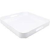 SforGUVA Square White Decorative Serving Tray with Handles, Versatile Ottoman Tray for Coffee Table, Entertaining, Outdoor Patio, Living Room, 13”*13”*1.6”