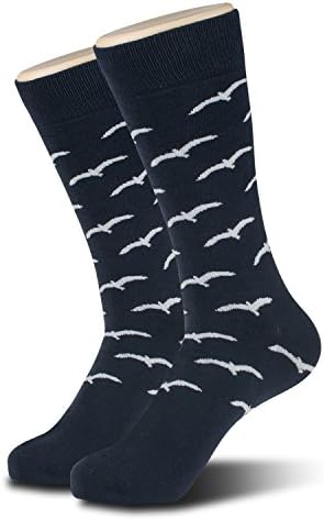 Men's Dress Crew Socks, Fashion Cotton Socks Funny Mens Socks (1 Pair, Size 10-13), Navy Blue with Birds Seagulls Printed