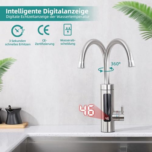HOMELODY Electric Tap with Instantaneous Water Heater 230 V Kitchen LED Electric Kitchen Tap Stainless Steel 360° Swivel Hot Water Boiler Kitchen Tap Camping Tap