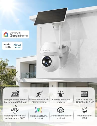 WOLFANG Solar Security Camera 1080P Outdoor WiFi PTZ Camera 360° (2.4G Only), PIR Motion Detection, Color Night Vision, Two-Way Audio, IP65, Works with Alexa