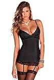 Rene Rofe Women's 2 Piece Hollywood Chemise and G-String Set, Black, Small/Medium