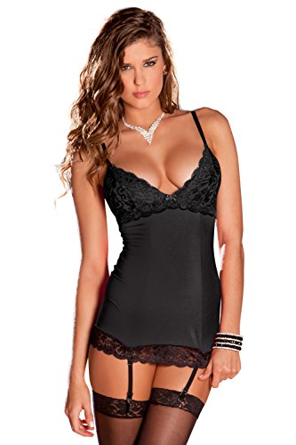 Rene Rofe Women's 2 Piece Hollywood Chemise and G-String Set, Black, Small/Medium