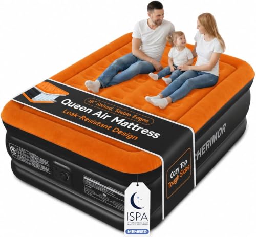 CHERIMOR Queen Air Mattress with Built-in Pump, Stable Edge Design, 48-Hour Leak-Tested Durable PVC, Supports up to 800 lbs, 3-Min Fast Inflation, Portable Inflatable Bed for Home Guests & Camping