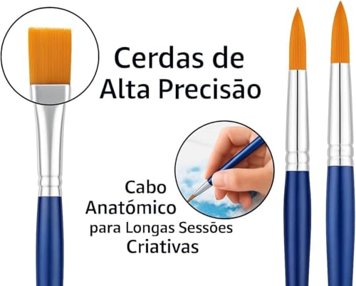 Kit 12 Pincéis para Pintura, 6 Ponta Fina Redonda e 6 Ponta Chata, para Aquarela, Óleo, Acrílica e Artesanato