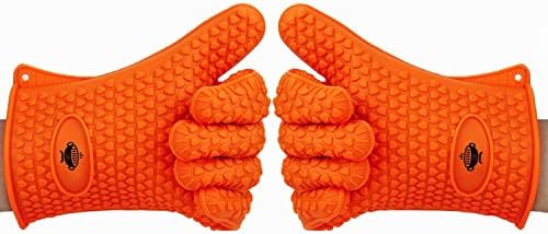 Borsez Heat Resistant Kitchen Cooking Gloves. Ideal for BBQ, Grilling and Oven Baking. Premium Quality FDA Approved Silicone Gloves. Waterproof and Stain Resistant. Indoor and Outdoor Use - Orange