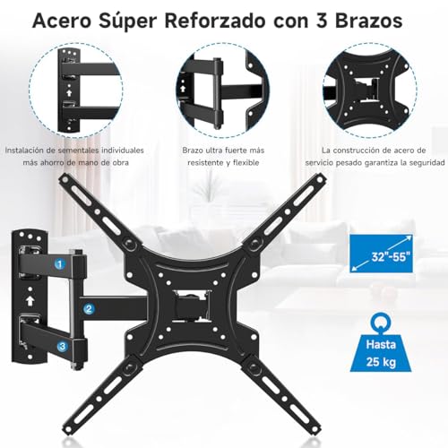 Eynshoo Soporte de Pared para TV, Base para TV para VESA Máx 400 x 400 mm, Pantallas de 32-55″, Resistentes hasta 22 kg, Acero Súper Reforzado