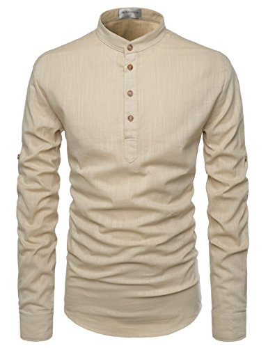 NEARKIN (NKNKN350 Beloved Men Henley Neck Long Sleeve Daily Look Linen Shirts Beige US XS(Tag Size XS)