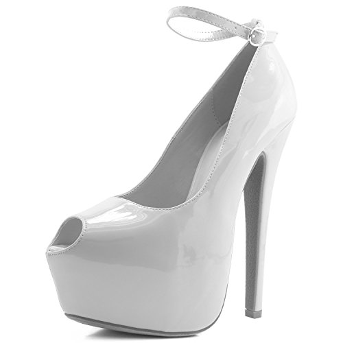 Women's Extreme High Fashion Ankle Strap Peep Toe Hidden Platform Sexy Stiletto High Heel Pump Shoes WhitePatPu-10