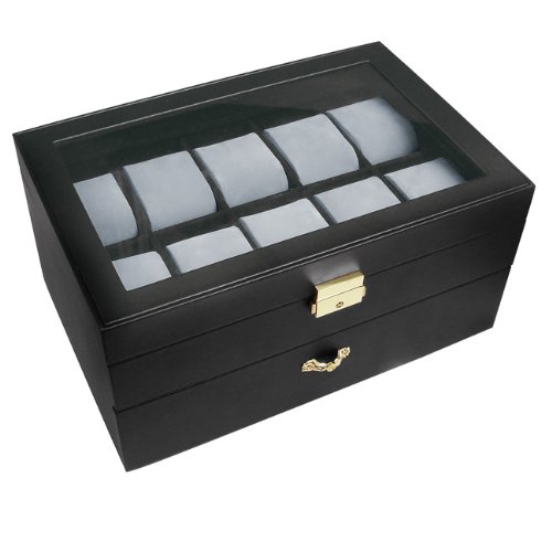 Ikee Design Deluxe Black Watch Display Case With Key Lock, Clear Glass
