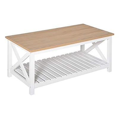 HOMCOM Farmhouse Style Coffee Table with X Bar Frame, Open Slat Wooden Bottom Shelf, Natural/White 416GsHORYdL